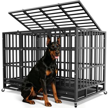 Ironovahome 48" Heavy Duty Dog Crate for Large Dogs, Indestructible Chew-Proof Escape-Proof Steel Dog Cage, XL Large Dog Kennel with Locking Wheels & Removable Tray for Indoor Use