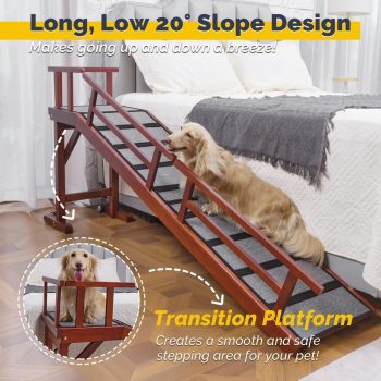 Wooden Pet Ramp for High Beds & Couches, 74‑Inch Long Dog Ramp with 20° Low‑Angle Incline, Removable Safety Side Rails, Non‑Slip Pad, Top Platform and Rolling Wheels