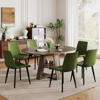 Katboc 43.3-59" MDF Extendable Round Dining Table Set with et of 4/6 Faux Leather Dining Chairs,Storage Shelf for Kitchen, Dining Room, Living Room