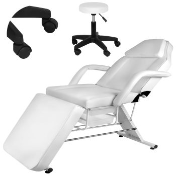 Muweixin White 881 LBS Load Capacity Adjustable Tattoo Chair with Stool, 130 Reclining Facial Bed Massage Table with Removable Headrest Armrests for Salon Spa Beauty