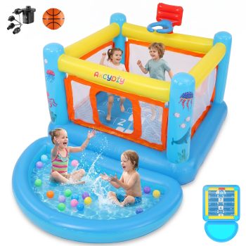 Veeboto PVC Bouncy Castle, Indoor Outdoor Inflatable Bounce House with Jumping Area, Basketball Hoop, Pool, 135W Blower
