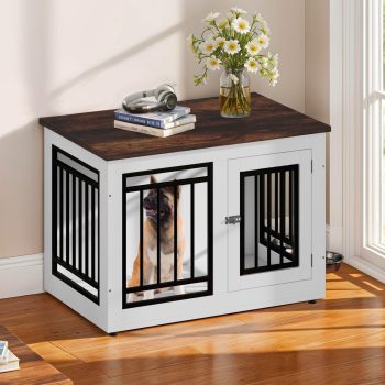 Uforic 28" Dog Crate Furniture, Wooden Indoor Dog Kennel with Adjustable Feet and 2 Removable Bowls, Dog Crate Side End Table, White