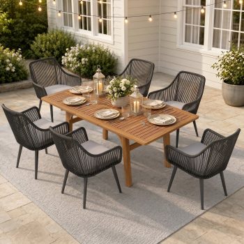 JOIVI 7-Piece Outdoor Dining Set, Patio Dining Set for 4-6 People with 55"-71" Expandable Table and Rattan Chairs, Wicker Dining Furniture for Deck, Backyard (Straight-line Back Chair)