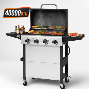 Syngar 4 Burner Bbq Gas Grill, Propane Gas Grill with Foldable Side Table, 42000 Btu, Stainless Steel, 432 Sq. in. Grilling Area, Bottle Opener