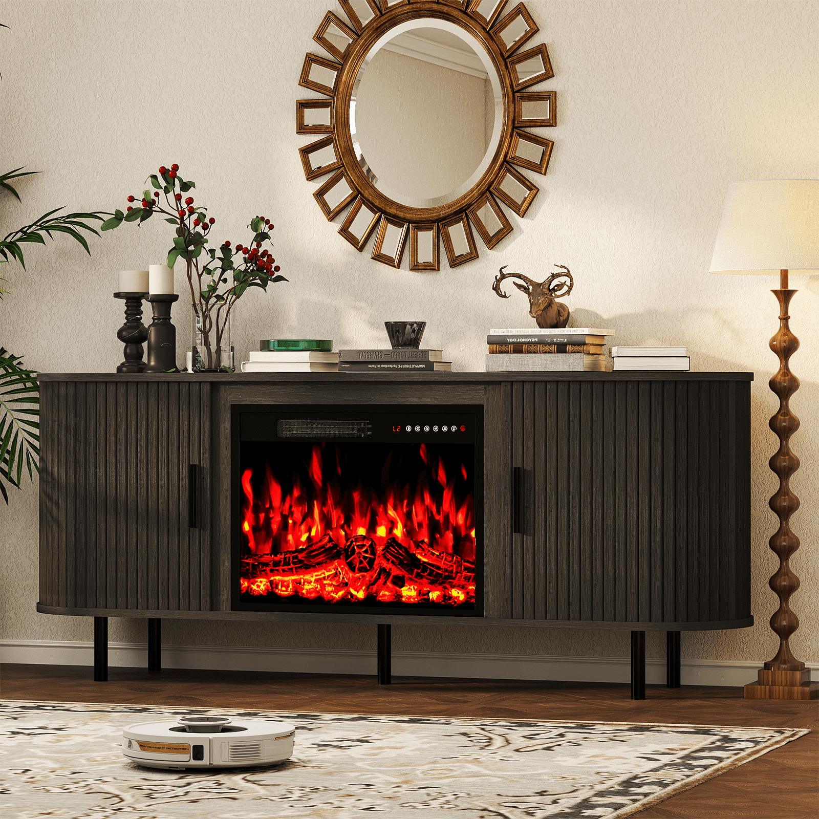 Rocyis 65" Modern Fireplace TV Stand for TVs Up to 75'', Fluted Entertainment Center with Electric Fireplace, Media Console Cabinet for Living Room
