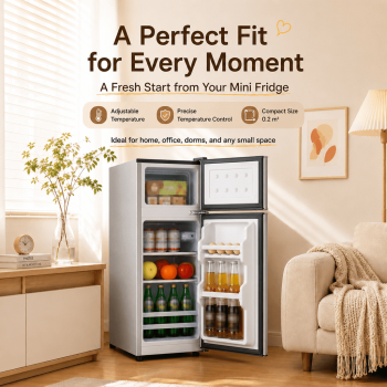 Cosanta 3.2 Cu.Ft Mini Fridge with Freezer - 2 Door Small Refrigerator, Mini Refrigerator with Adjustable Thermostat, Removable Shelves, Mini Fridge for Bedroom, Office, Dorm, Apartment, Silver