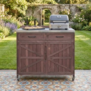 39.4" Outdoor Kitchen Island with Stainless Steel Top, Storage Cabinet with Drawer & Adjustable Shelves, Internal Racks, 4 Locking Wheels, BBQ Prep Cart for Patio, Garden