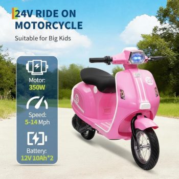 BouPower 24V Electric Motorcycle for Ages 8-14, Ride-On Moped Scooter with Seat, Twist Throttle, Rear Brake, LED Headlight, 350W Motor, 14 MPH Max Speed