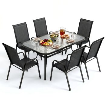 LAZY BUDDY Patio Table and Chairs Set for 6 Persons, 7 Pieces Outdoor Dining Set, Stackable Chairs with Breathable Fabric, Tempered Glass Tabletop with Umbrella Hole