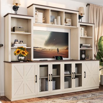 87.6 Inch Large Wall Unit Entertainment Center with Charging Station and USB Ports, TV Stand with Storage Cabinets and Open Shelves for Living Room, Beige MDF Media Console for TVs up to 45 Inches