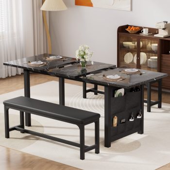 VECELO Extendable Dining Table Set for 4-6 People, Modern 3-Piece Kitchen Table Set with 2 Upholstered Benches, Mid-Century Dining Room Table, Saving Space
