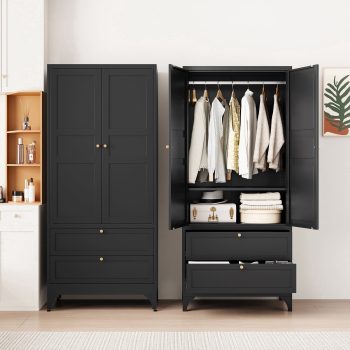 STANI Metal Wardrobe Closet with 2 Drawer, 71" Black Armoire Wardrobe Cabinet with Hanging Rod, Clothes Storage Organizer Cabinets for Bedroom, Bathroom, Office