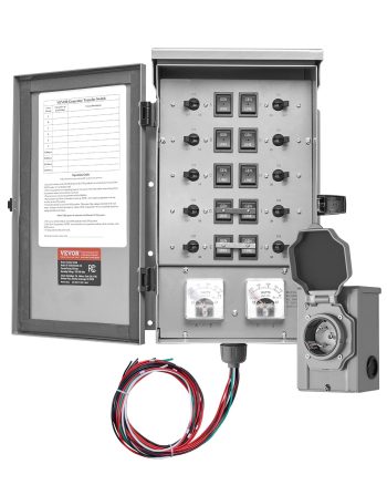 VEVOR Manual Transfer Switch, 30-Amp 10-Circuit, Prewired Generator Transfer Switch Kit with NEMA L14-30P Power Inlet Box, Double-Throw Switch, NEMA 3R, Mechanical Watt Meter, for 7500W Generators