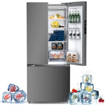 Auseo 17.5 cu ft French Door Refrigerator with Side-by-Side Storage, Bottom Freezer & Ice Maker, Inverter Compressor, Multi-Airflow Cooling, LED Touch Display, Smudge-Proof Stainless Steel, Grey