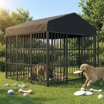 Large Dog Kennel Outdoor with Double Safety Locks 73''x72''x71'' Heavy Duty Welded Wire Steel Pet Pen Dog Enclosure with UV-Resistant Waterproof Roof