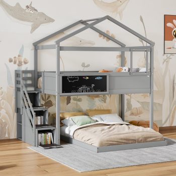Euroco Twin over Full House Bunk Bed with Storage Staircase and Writting Blackboard for Kids Teens Bedroom, Moverable Lower Bed