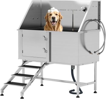 Jocisland 50" L Professional Dog Washing Station with Stairs, 304 Stainless Steel Pet Bathtub Features, Adjustable 3-Flow Showerhead, Pet Wash Tub