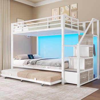 3-in-1 Metal Bunk Bed Twin over Twin with Rolling Trundle, Storage Stairs, 4 Drawers, LED & USB Charging for Dorm Guest Room