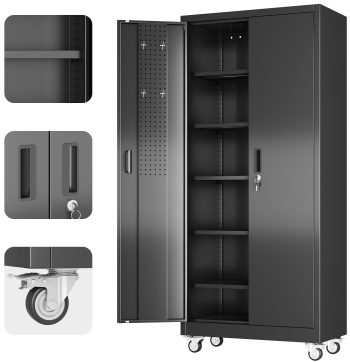 Supeer Metal Garage Storage Cabinet with 5 Shelves, 71" H Top Workbench Mobile Tool Chests Garage Cabinets with Pegboards,Tool Cabinets for Home,Office,Shop, Assembly Required, Black