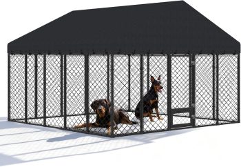 Large 10x10FT Outdoor Dog Kennel with Roof Cover, Heavy Duty Metal Dog Run for Large Dogs, Secure Outdoor Dog Enclosure with Locking Gate & Feeding Access, Weather Resistant Cage
