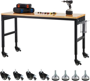 Garvee Adjustable Workbench 72" x 25", 2000 Lbs Load Capacity, 29.5"-38.4" Heights Garage Worktable with Universal Wheels & Power Outlet, Heavy-Duty Table for Workshop Office Home Commercial