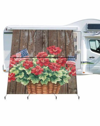 4th of July RV Awning Sun Shade Screen 9'X7' Red Poppy Mesh Sunscreen American Flag Wood Grain Awning Shade Screen with Zipper UV Blocker Completed Kits Outdoor Canopy for RV Motorhome Camper Travel