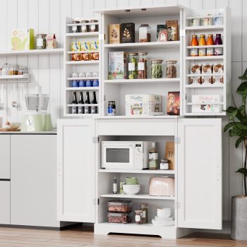 Walsunny Pantry Cabinets with Drawer Doors Shelves 67 Inches Tall Wooden Food Storage Cabinet Freestanding for Microwave Kitchen Storage Dining Room