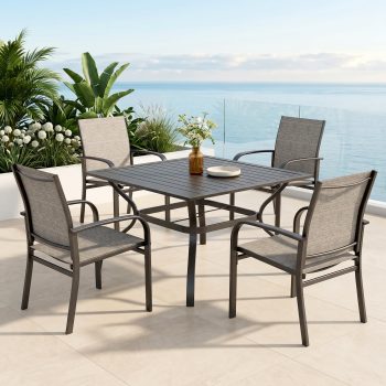 MF Studio 5-Piece Outdoor Patio Dining Set, Square Steel Table with Umbrella Hole, Seats 4, Brown