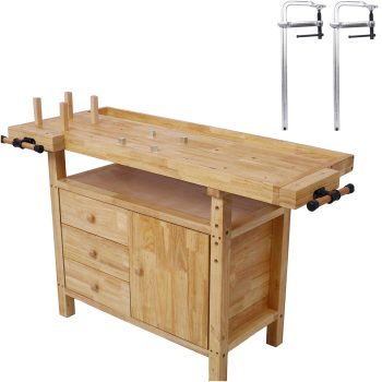 JERFIT 72 Inch Wooden Workbench with Storage Drawers & Cabinet, Heavy Duty Garage Work Table with 2 F-Clamps for Woodworking, DIY Projects