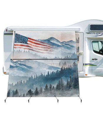 4th of July RV Awning Sun Shade Screen 9'X7' National Flag Mesh Sunscreen Mountains Forest Awning Shade Screen with Zipper UV Blocker Completed Kits Outdoor Canopy for RV Motorhome Camper Travel