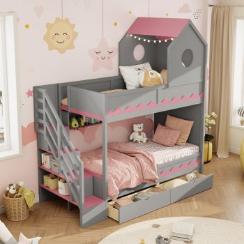 Harper & Bright Designs Twin House Bunk Bed with Storage Stairs and Drawers, Wood Twin Over Twin Castle Bed with Drawers Shelves & LED Lights