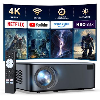 [Official-Licensed Apps] Smart Projector with 4K Support, 2000 ANSI Smart Home Theater, Electric Focus & Auto Keystone, WiFi 6 Bluetooth Movie Projector for World Cup, Outdoor Gaming Projector