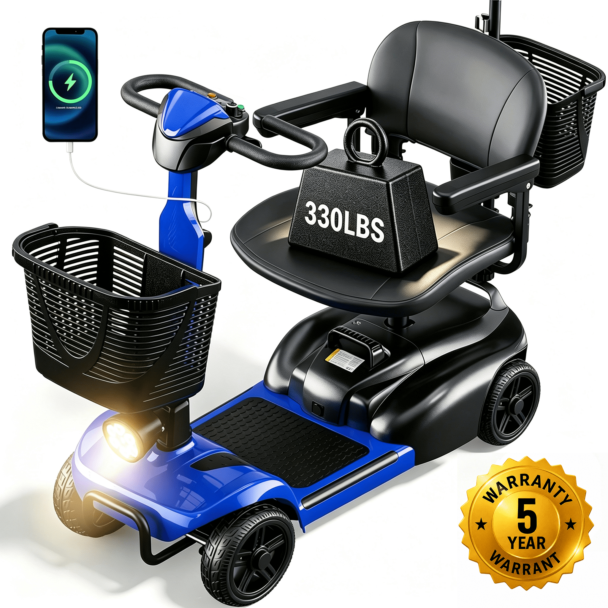 SACVON 4 Wheel Mobility Scooter for Seniors, with 330 lbs Capacity, 250W Motor, Long Battery Life, Comfort Swivel Seat, Detachable Dual Baskets, USB Port & LED Light