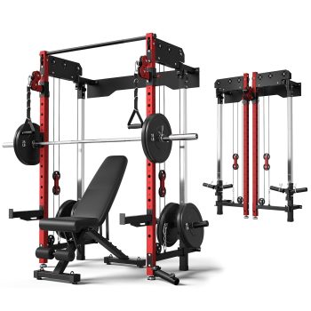 Foldable Power Rack Cage,1200 LBSWall Mounted Squat Rack, 5 Adjustable Modes, Functional Trainer for Space Saving Home Gym with 1000 LB Weight Bench and Barbell,Red