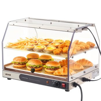 VEVOR 2-Tier Commercial Food Warmer Display, 450W Food Display Warmer with Light, Detachable Shelves and Double-Sided Door Design, 85~185 Air Heating, 48L for Hamburger, Pizza, Bread, Fried Chicken