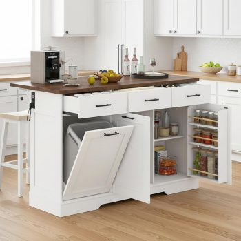 Advwin 55" Drop Leaf Kitchen Island with Power Outlet, Large Breakfast Bar with Foldable Countertop, Storage Drawers, Trash Cabinet, Adjustable Shelves, Towel Rack & Spice Organizer, White + Walnut