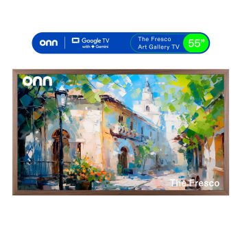 onn 55" The Fresco Art Gallery 4K UHD Google TV with Gemini, Walnut Frame and Mounting Kit