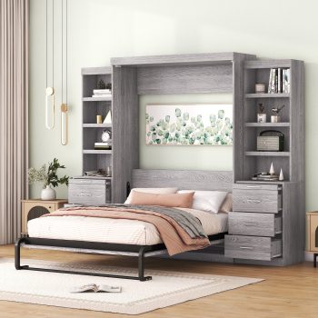 Harper & Bright Designs Size Murphy Bed with Storage Shelves and Drawers, Wood Cabinet Beds Foldable Wall Bed Frame for Guest Room Home Office, Gray