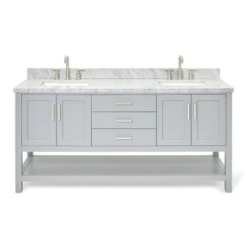 DKB Olivia 72-Inch Double Bathroom Vanity, 1.5-Inch Edge Italian Carrara Marble Countertop & Backsplash, Rectangular Sinks, 4 Soft Closing Doors, 3 Dovetail Drawers, Open Shelf, Brushed Nickel