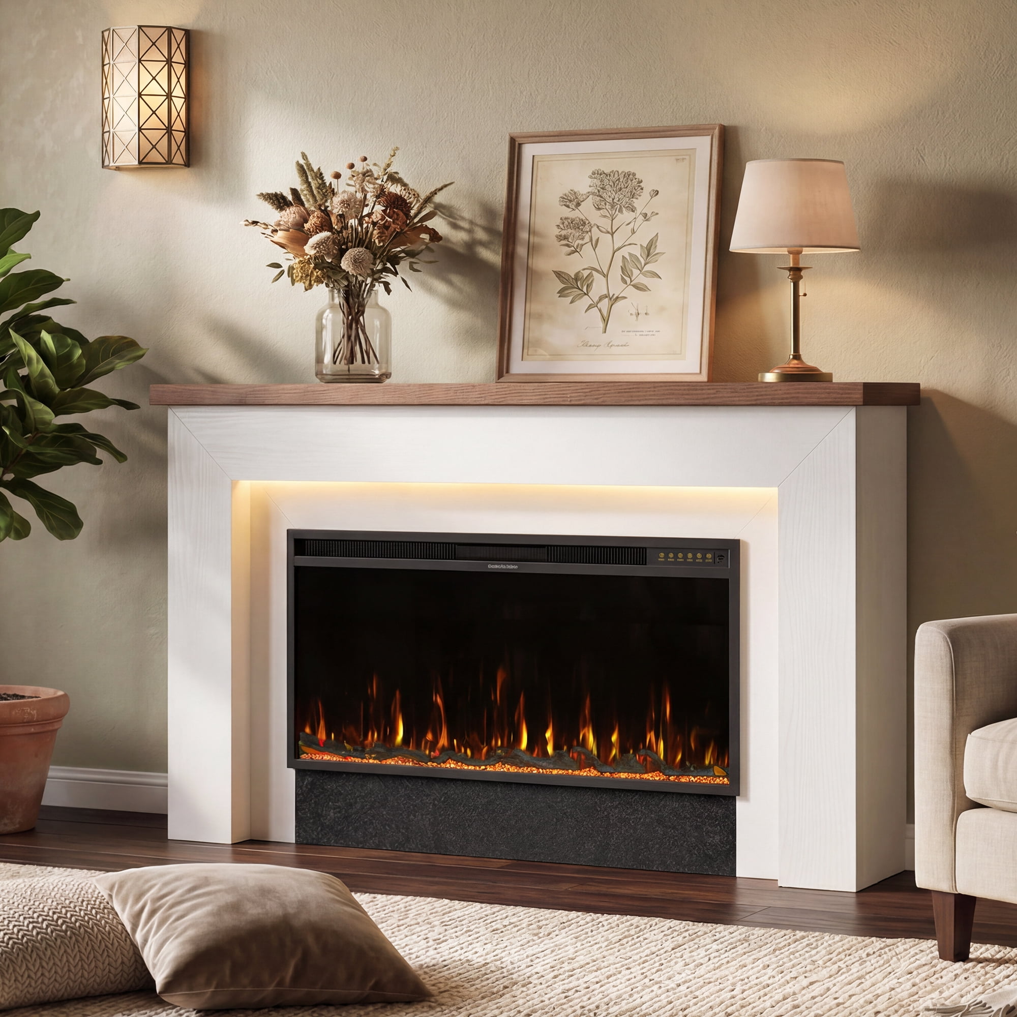 62 in Electric Fireplace with Mantel, 42 in Insert, 12 Flame Effects, 15 LED Colors, 750W/1500W Heater, Remote Control, White