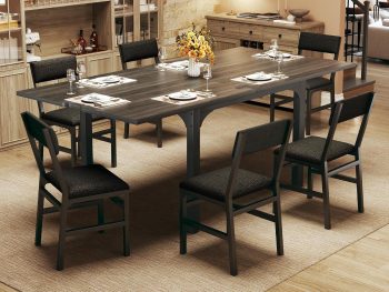 Tomnk 7-Piece Dining Table Set for 4-6, Extendable Kitchen Table Cushion Chairs Set of 6 with 6 Chairs, Rectangle Dining Table with Metal Frame & MDF Board, Folding for Small Apartment