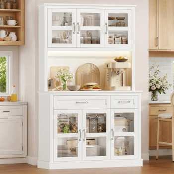 Hiphuta 71" Kitchen Pantry Cabinet with Charging Station & Light, Tall Pantry Large Storage Space Cabinet with Microwave Stand, Modern Freestanding Hutch with Countertop for Dining Room