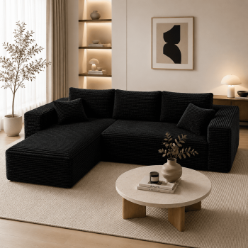 96 Inch Modular Sectional Couches for Living Room, Modern Boneless Sofa, Upholstered Deep Seat Cloud Couch, Corduroy Comfy L-Shape Sofas Couches, No Assembly, Black (Left Facing Chaise)