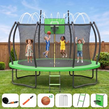Outdoor Trampoline,Gardwin 12FT/14FT Round Trampoline with with Ladder,Sprinkler,Basketball Hoop Board,Recreational Backyard Trampolines Anti-Rust for Kids Gift