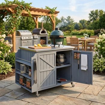 42" Outdoor Kitchen Island with Stainless Steel Top, Fir Wood Grill Cart Outdoor Storage Cabinet with Adjustable Shelf and 4 Wheels