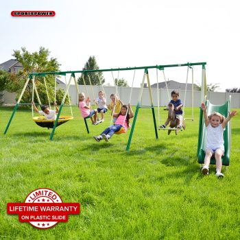 Sportspower Super 8 Metal Swing Set for Kids Ages 3-8, Heavy Duty Outdoor Playset with 6ft Slide, Saucer Swing, Glider, Rocking Horse & 2 Sling Swings, Green/White, Bonus Anchor Kit