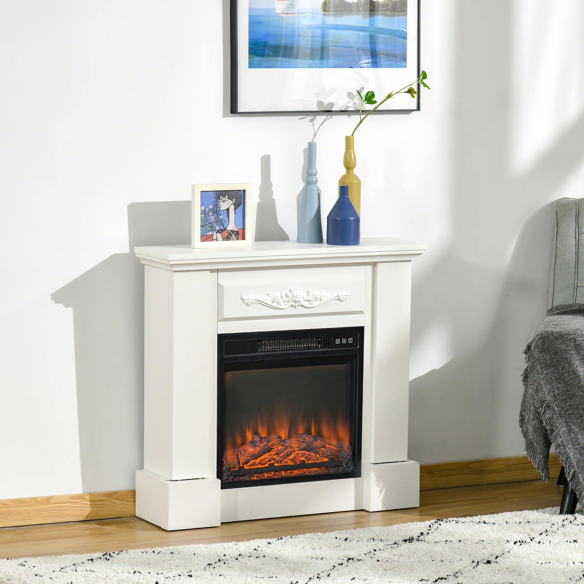HOMCOM 32" Electric Fireplace with Mantel, Freestanding Heater with LED Log Flame, Overheat Protection and Remote Control, 1400W