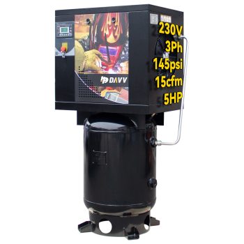 HPDMC 5HP Rotary Screw Air Compressor, 208-230V 3-Phase, 15 CFM @ 145 PSI, Industrial Oil-Lubricated Air Pump with ASME 60-Gallon Vertical Tank, Intelligent Controls & Sound-Reducing Design