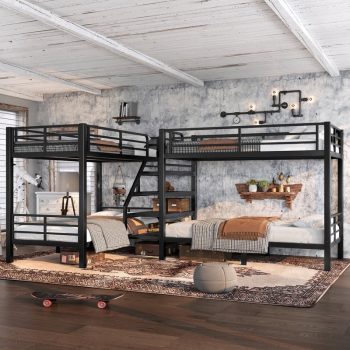Corner Quad Bunk Bed with Storage Stairs, L-Shaped Twin Size 4 Beds with Headboard, Metal Twin over Twin Bunk Bed Frame for 4, Noise-Free Design
