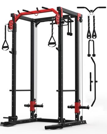 Heavy-Duty Power Rack 2000 lbs Capacity, Multifunctional Home Gym Squat Cage with Pull-Up Bar & Adjustable J-Hooks, red